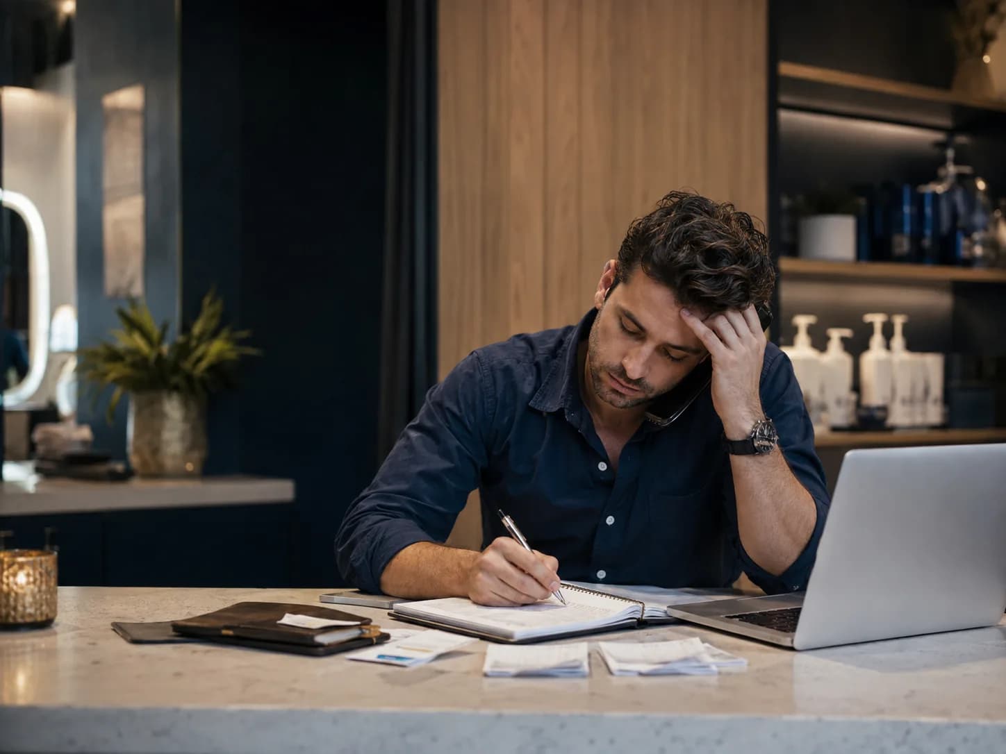 A business owner overwhelmed by calls, notes, and repetitive administrative work