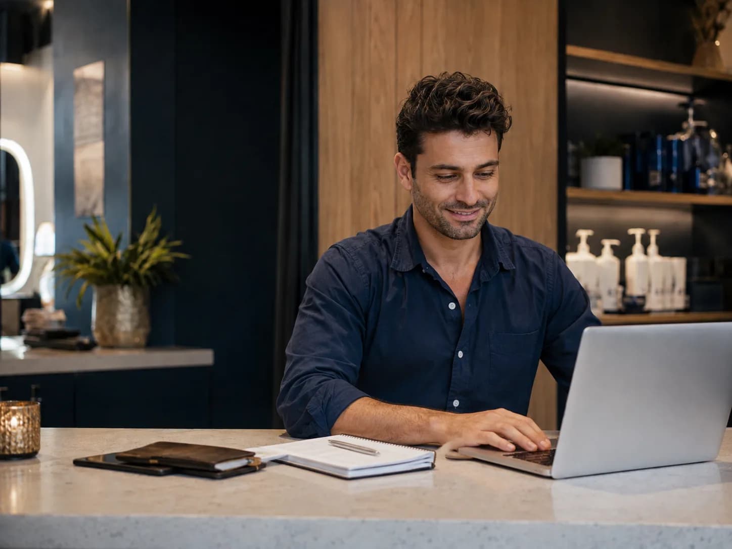 The same business owner working calmly after repetitive tasks have been automated